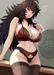 1girls angry black_hair black_panties bra breasts dialogue embarrassed english_text female lainart large_breasts light-skinned_female light_skin lingerie long_hair mature mature_female nervous panties raven_branwen red_eyes rwby stockings sweat sweaty thick_thighs tsundere wide_hips