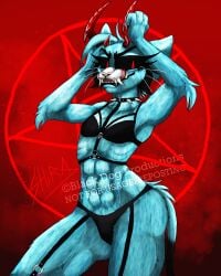 anthro blackdogproductions_(artist) blue_fur blue_hair bra claws demon dominatrix feline female_only flat_chest forked_tongue horns licking_lips looking_at_viewer lucicole_(au) muscles nicole_watterson pentagram pinup red_eyes red_horns signature skull smile smirk spiked_collar succubus suggestive the_amazing_world_of_gumball toned toned_female tongue_out touching_hair watermark whiskers