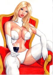 blonde_hair blue_eyes breasts choker elbow_gloves emma_frost israel_(artist) large_breasts marvel marvel_comics new_x-men spread_legs throne white_queen wine wine_glass x-men