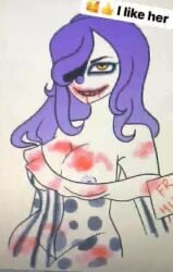 artist_request blood clown clown_girl clown_makeup hugz hugz_the_clown hugz_the_clown_(spirit_halloween) instagram nip_slip nipple_slip purple_hair screenshot smile spirit_halloween yellow_eyes