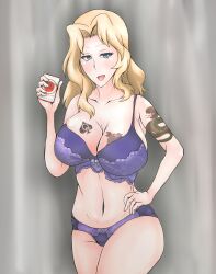 bikini blonde_hair blue_eyes breasts cigarette cleavage female frilled_bikini girls_und_panzer kay_(girls_und_panzer) large_breasts long_hair looking_at_viewer masuo_mori navel open_mouth queen_of_spades solo tattoo tattoo_on_chest