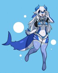 1girls 2023 bikini blue_body blue_eyes blush breasts bubbles bubbles_background female female_only furry furry_only horns medium_breasts navel nulia open_mouth shark shark_girl shark_tail simple_background soda_(soda_uyu) stockings teeth tongue white_hair