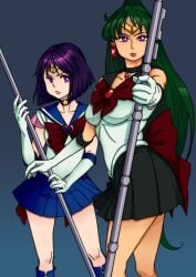 2girls bishoujo_senshi_sailor_moon clothed clothing female female_only fully_clothed green_hair hotaru_tomoe human light-skinned_female light_skin multiple_girls neone-x purple_hair sailor_pluto sailor_saturn setsuna_meiou skirt small_breasts