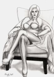 big_breasts bob_cut breasts eduardo_copati emma_frost greyscale hellfire_club high_heels lingerie marvel marvel_comics pinup white_queen x-men