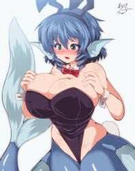 1girls animated animated_gif areolae big_breasts blue_eyes blue_hair blush breasts bunny_ears bunnysuit cleavage fish_girl flashing_breasts gif ginzake_(mizuumi) hearts huge_breasts light-skinned_female mermaid nipples old_art solo solo_female touhou wakasagihime watermark white_background