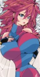 1girls 2023 android android_21 android_21_(good) android_21_(human) arc_system_works artist_signature bandai_namco bare_shoulders bed_sheet big_breasts blue_eyes blue_nail_polish blue_nails blush bracelet brown_hair clothed dragon_ball dragon_ball_fighterz earrings elbow_gloves fanart female flustered gold_jewelry hands_on_breasts labcoat large_breasts laying_down laying_on_bed light-skinned_female light_skin long_hair looking_at_viewer messy_hair multicolored_clothing omochi_db ring spiky_hair turtleneck voluptuous voluptuous_female vomi_(dragon_ball)