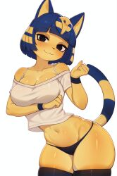 :3 ai_assisted ai_generated animal animal_crossing animal_crossing_new_horizons ankha background bangs black blonde_hair blunt blush breasts cleavage collarbone cut ear eyes feline female furry hair large looking navel ornament panties shiny shirt short simple skin skindentation smile solo striped sywu02 tail thighhighs thighs underwear viewer white yellow