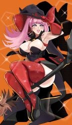 1girls 2023 :d absurdres alternate_costume armpits ass bare_shoulders black_footwear black_headwear breasts broom broom_riding ceroccb cleavage earrings english_commentary female female_only fire_emblem fire_emblem:_three_houses gloves halloween halloween_costume hat high_heels highres hilda_valentine_goneril jewelry large_breasts leotard light-skinned_female light_skin long_hair nintendo open_mouth orange_background panties pantyshot pink_eyes pink_hair pink_lips red_gloves red_thighhighs sitting smile solo stockings thick_thighs thighhighs thighs twintails witch_costume witch_hat