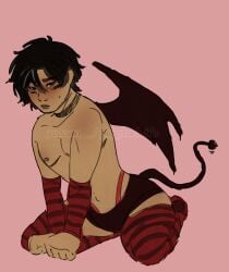 1boy 1cuntboy black_hair blush brown_nipples brown_skin choker clothed costume cuntboy femboy intersex kovit_sangwaraporn malesub market_of_monsters mastectomy_scar scar scar_on_chest shirtless shorts shy solo succubus succubus_costume thai thighhighs thong