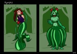 cangkulretak eye_color_change female hair_color_change heeled_feet high_heels large_ass large_breasts leaf_hair personality_change plant_girl plant_transformation skin_color_change thick_thighs transformation wide_hips