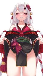 barely_covered blush hair_ornament hololive hololive_gen_2 hololive_japan japanese_clothes looking_at_viewer looking_down nakiri_ayame no_panties oni oni_horns oni_mask pale_skin smug teasing thighs virtual_youtuber white_hair