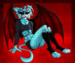 anthro blackdogproductions_(artist) blue_fur blue_hair claws demon fangs feline fishnets horns lucicole_(au) muscles nicole_watterson pose red_eyes red_horns shirt signature sitting skirt smirk stockings succubus the_amazing_world_of_gumball toned toned_female watermark whiskers wings