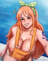 big_breasts blush female female_only nami nami_(one_piece) nipples one_piece one_piece_film_stampede orange_hair overalls post-timeskip selfie smile solo spageta