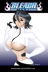 1girls 2010 anime big_breasts black_hair bleach breasts dsng kuchiki_rukia light-skinned_female light_skin looking_at_breasts looking_down manga navel short_hair slender solo solo_female solo_focus thin_waist underboob