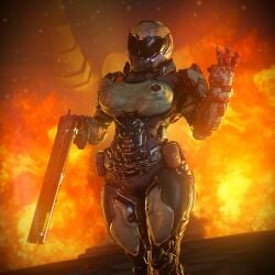 armor big_breasts clothing doom doom_slayer_(doom) double-barreled_shotgun dreadnaught female firearm gun helmet human rule_63 shotgun thick_thighs thin_waist weapon