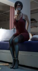 3d ada_wong angry_face black_choker bound capcom high_heels kormakes lace_fishnets_stockings red_dress resident_evil resident_evil_2 resident_evil_2_remake tape_gag taped_mouth tied_hands