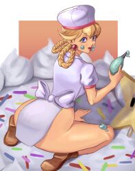 1girls ass bare_arms bare_legs blonde_hair blue_eyes braid chef_uniform clothing female female_focus female_only food frosting hair_rings hat icing kneeling lewdybug looking_at_viewer looking_back mario_(series) partially_clothed patissiere_peach piping_bag png princess_peach princess_peach:_showtime! self_upload solo tied_hair