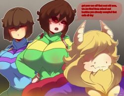 1boy 2d 2girls anthro asgore_dreemurr chara color dialogue english english_dialogue english_text eosftwit female_chara female_frisk frisk insult large_breasts red_eyes tagme text undertale undertale_(series)