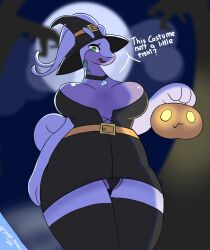 anthro big_breasts breasts camel_toe clothing dead_tree female food fruit generation_6_pokemon goodra hat headgear headwear hi_res jewelry legwear moon necklace nintendo plant pokemon pokemon_(species) pumpkin sheor solo text thick_thighs tree witch_hat