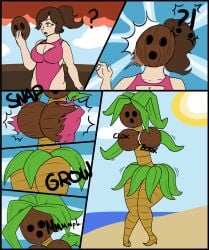 coconut coconut_bra coconut_tree female hair_color_change head_transformation heeled_feet high_heels large_ass large_breasts leaf_hair palm_tree personality_change plant_girl plant_transformation skin_color_change thick_thighs transformation wide_hips