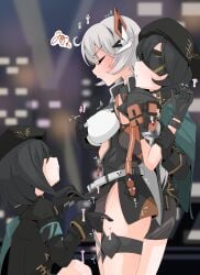 3girls arm_grab black_hair blindfold breast_grab breasts closed_eyes clothed erect_nipples_under_clothes fingering fingers gloves groping groping_from_behind hat headwear honkai_(series) honkai_impact_3rd kiana_kaslana kiana_kaslana_(void_drifter) long_hair molestation multiple_girls short_hair sweat thighs ttptt white_hair yuri