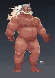 1boy absurdres arm_hair bara barbarian_(d&d) beard body_hair chest_hair completely_nude dark-skinned_male dark_skin dungeons_and_dragons facial_hair fiery_hair flaccid girthy_penis goliath_(d&d) gradient_hair hahasthund hairy hairy_body highres large_pectorals leg_hair long_hair looking_at_viewer looking_to_the_side male_focus male_only mature_male monk_(d&d) multicolored_hair muscular muscular_male navel_hair nipples nude old old_man pectorals penis simple_background solo solo_male standing stomach thick_eyebrows thick_mustache thick_thighs thighs uncensored