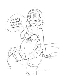 1girls artist_request bed belly big_belly blush bra breasts canon_pregnancy cleavage closed_eyes dialogue dragon_ball dragon_ball_super dragon_ball_z female on_bed pregnant skirt son_gohan source_request text thighhighs videl