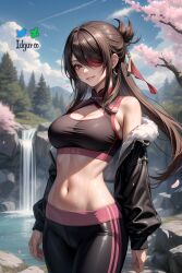 1girls 2d 2d_(artwork) absurd_res ai_generated beidou_(genshin_impact) brown_eyes brown_hair crop_top female female_only genshin_impact hi_res highres huge_breasts idgaroo lake light-skinned_female long_hair looking_at_viewer midriff nature stable_diffusion waterfall yoga_pants