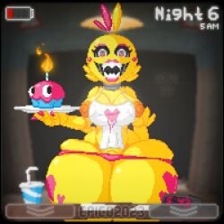 1girls alternate_version_available big_breasts cupcake_(fnaf) epicpotatolord five_nights_at_freddy's furry hyper_thighs looking_at_viewer pixel_art short_hair solo_female tagme thick_thighs toy_chica_(fnaf)