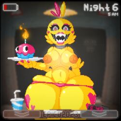 1girls alternate_version_available big_breasts cupcake_(fnaf) epicpotatolord five_nights_at_freddy's furry hyper_thighs looking_at_viewer pixel_art short_hair solo_female tagme thick_thighs toy_chica_(fnaf)