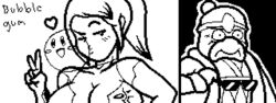 5_fingers 640x240 big_boobs big_breasts boobs breasts bubble_gum cleavage english_text female girl glasses gum hat heart king_dedede kirby kirby_(series) metroid miiverse samus_aran text