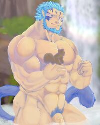 animal_ears bara beard facial_hair fire_emblem fire_emblem:_path_of_radiance fire_emblem:_radiant_dawn flaccid male male_only mordecai_(fire_emblem) muscles muscular nintendo nude partially_submerged penis piikae solo solo_male tail water white_hair