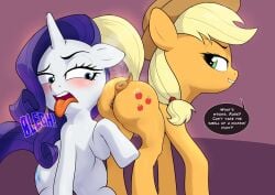 2d anus applejack_(mlp) clothing disgust disgusted disgusted_face duo english_text equid equine female female/female feral feral_on_feral friendship_is_magic genitals grin hasbro hat headgear headwear hi_res horse kokobiel mammal musk my_little_pony no_penetration pony puffy_anus pussy raised_tail rarity_(mlp) simple_background smelly smelly_anus smile steam tail text