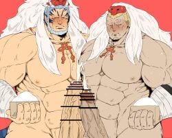 abs animal_ears balls bar_censor bara beard benny_(fire_emblem) big_penis blush boner censor_bar censored censored_penis cum erection facial_hair fire_emblem fire_emblem:_path_of_radiance fire_emblem:_radiant_dawn fire_emblem_fates fire_emblem_heroes gay laguz_(race) large_pectorals male male_only mordecai_(fire_emblem) mordecai_(flame)_(fire_emblem) muscles muscular muscular_male nintendo nude oni_mask orgasm penis penises_touching scar shiro_tora tail white_hair