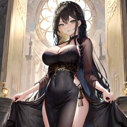 1girls ai_generated belly_button big big_breasts black_dress black_hair braided_hair dress green_eyes human makinbits revealing_clothes solo stable_diffusion tagme