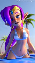 1girls 3d bedroom_eyes blue_eyes breasts female olive_skin olive_skinned_female ponytail pool purple_hair shantae shantae:_half-genie_hero shantae_(character) smooth_skin solo solo_female striped striped_bikini stripes swimsuit swimwear telehypnotic wayforward wet_skin wide_hips