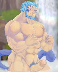 animal_ears balls bara beard boner erection facial_hair fire_emblem fire_emblem:_path_of_radiance fire_emblem:_radiant_dawn male male_only mordecai_(fire_emblem) muscles muscular nintendo nude partially_submerged penis piikae solo solo_male tail water white_hair