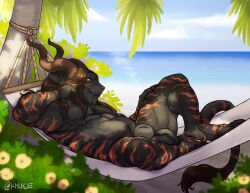 2022 animal_genitalia anthro balls beach charr claws felid fully_sheathed fur genitals guild_wars hair hi_res horn khurje lying male mammal nude on_back palm_tree plant relaxing seaside sheath signature solo solo_male tail tree water whiskers