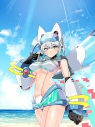 1girls beach big_breasts blue_eyes cleavage female ico_(mega_man) mega_man mega_man_x_dive popo_(popo0cat) silver_hair solo swimsuit_ico_(x_dive) underboob