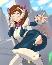 alternate_breast_size anus background big_ass brown_eyes brown_hair detailed_background glasc hair_ornament hero_outfit_(mha) my_hero_academia ochako_uraraka pussy ripped_clothing ripped_pants surprised thick_ass thick_thighs thighs transformation_sequence