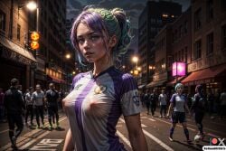 ai_generated cute football multicolored_hair purple_eyes rainbow_hair see-through see-through_clothing soccer sogoodaigirls sport sportswear stadium teenager wet_clothes