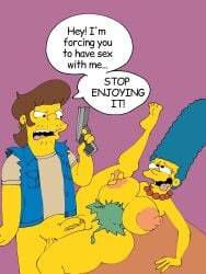 1boy 1girls big_breasts blue_hair english_text forced gun marge_simpson mature_female maxtlat milf mother pleasure_face rape snake_jailbird speech_bubble the_simpsons yellow_body