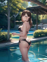 1girls ai_generated ai_mirror bikini black_bikini brown_hair bush chair in_water long_hair looking_back_at_viewer medium_ass medium_breasts pool rear_view table tree umbrella water white_skin wooden_roof