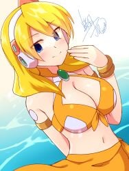 1girls alia big_breasts bikini blonde_hair blue_eyes blush cleavage female mega_man mega_man_x mega_man_x_dive shizuki_airu smile solo swimsuit swimsuit_alia_(x_dive)