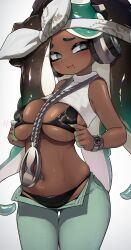 1girls asymmetrical_hair bare_shoulders beauty_mark big_breasts bikini bikini_under_clothes black_bikini black_hair blush breasts brown_skin cleavage cute cute_face dark-skinned_female dark_skin female female_only green_hair groin headphones hi_res hizake horny jewelry kashu_(hizake) large_breasts long_hair looking_at_another marina_(octo_expansion) marina_(splatoon) mole_under_mouth navel navel_piercing nintendo octoling off_shoulder open_mouth pierced_navel piercing plain_background posing pseudo_hair revealing_clothes shiny_hair shiny_skin sideboob simple_background solo solo_female splatoon splatoon_(series) splatoon_2 standing stomach sweat sweaty_body symbol-shaped_pupils tentacle_hair thick_thighs thigh_gap two_tone_hair underboob wide_eyed wide_hips wristwatch