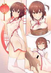 1boy absurdres bar_censor blush breasts brown_hair censored china_dress chinese_clothes closed_mouth clothed_sex dress etou_kanami female fingering hair_between_eyes hair_ornament hand_up highres hitoiki holding holding_plate lantern medium_breasts nipples paper_lantern pink_dress plate short_hair sidelocks smile straight thighhighs toji_no_miko white_thighhighs yellow_eyes