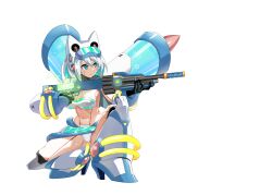 1girls big_breasts blue_eyes cameltoe cleavage crouching female gun ico_(mega_man) mega_man mega_man_x_dive popo_(popo0cat) robot_girl silver_hair solo swimsuit swimsuit_ico_(x_dive)