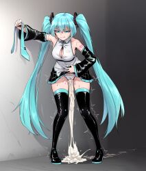 1girls absurdres after_sex aqua_eyes aqua_hair big_breasts boots cleavage clothing_aside clutching_stomach collared_shirt cum cum_in_pussy cum_overflow cum_puddle cumdrip detached_sleeves excessive_cum female female_only full_body hair_between_eyes hand_on_own_stomach hatsune_miku high_heel_boots highres holding_necktie hopping_cop long_hair motion_lines necktie panties panties_aside partially_unbuttoned pleated_skirt shirt skindentation skirt sleeveless sleeveless_shirt solo striped striped_panties sweat thigh_boots twintails twitching underwear unworn_necktie very_long_hair vocaloid