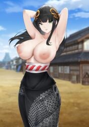 areolae armpits arms_behind_back arms_up black_hair breasts commission commissioner_upload female female_only green_eyes hair_ornament hi_res karima_(eartheas) kimono large_areolae large_breasts long_hair oc original_character ryuvie solo topless town very_high_resolution