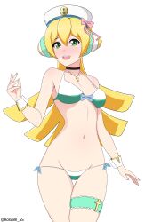 1girls bikini blonde_hair blush cinnamon_gaudille female green_eyes hat long_hair mega_man mega_man_x mega_man_x_dive roswell-ss small_breasts solo swimsuit thigh_gap